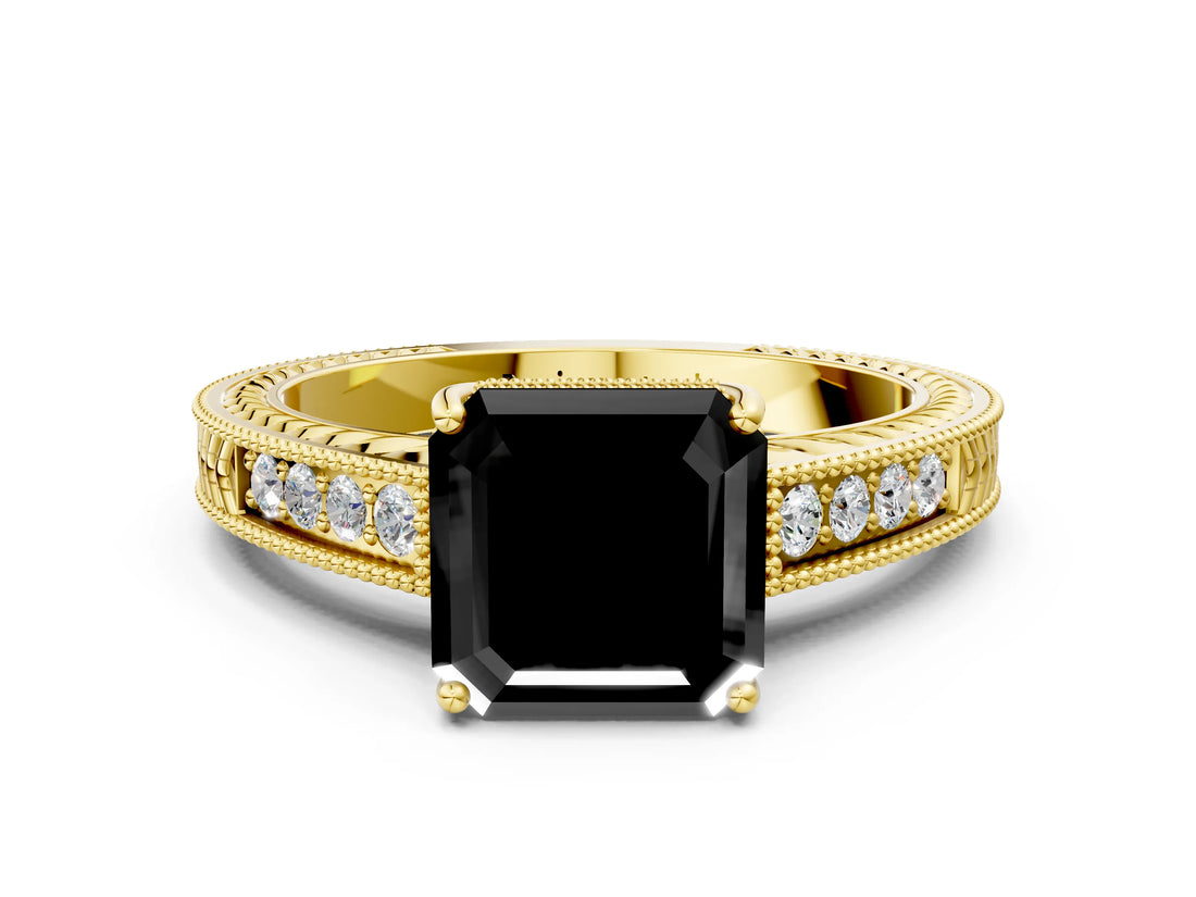 Yellow gold Fancy Black Asscher Cut Diamond Engagement Ring with Milgrain Channel Set Band and Prong Setting