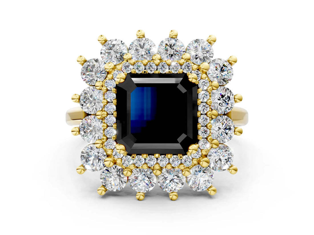 Yellow gold Fancy Black Asscher Cut Diamond Floral Double Halo Engagement Ring with Prong Setting
