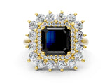 Yellow gold Fancy Black Asscher Cut Diamond Floral Double Halo Engagement Ring with Prong Setting