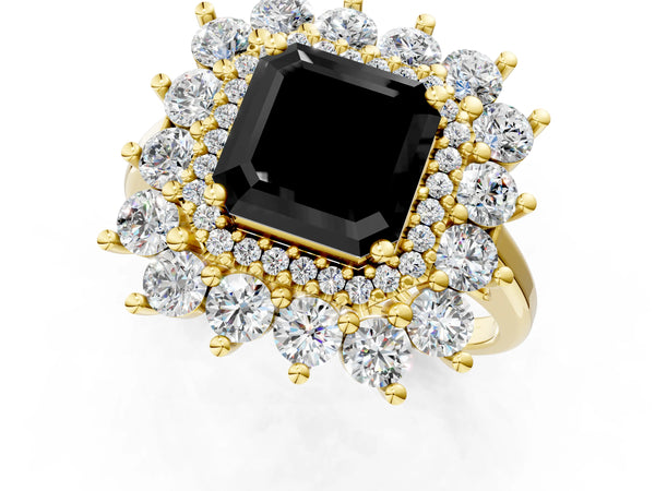 Yellow Gold Asscher Cut Floral Double Halo Engagement Ring Setting for Black Center