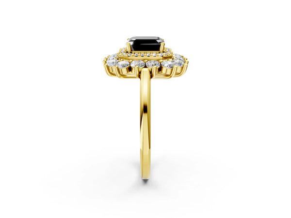 Yellow Gold Asscher Cut Floral Double Halo Engagement Ring Setting for Black Center