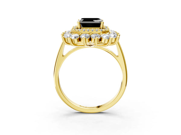 Yellow Gold Asscher Cut Floral Double Halo Engagement Ring Setting for Black Center