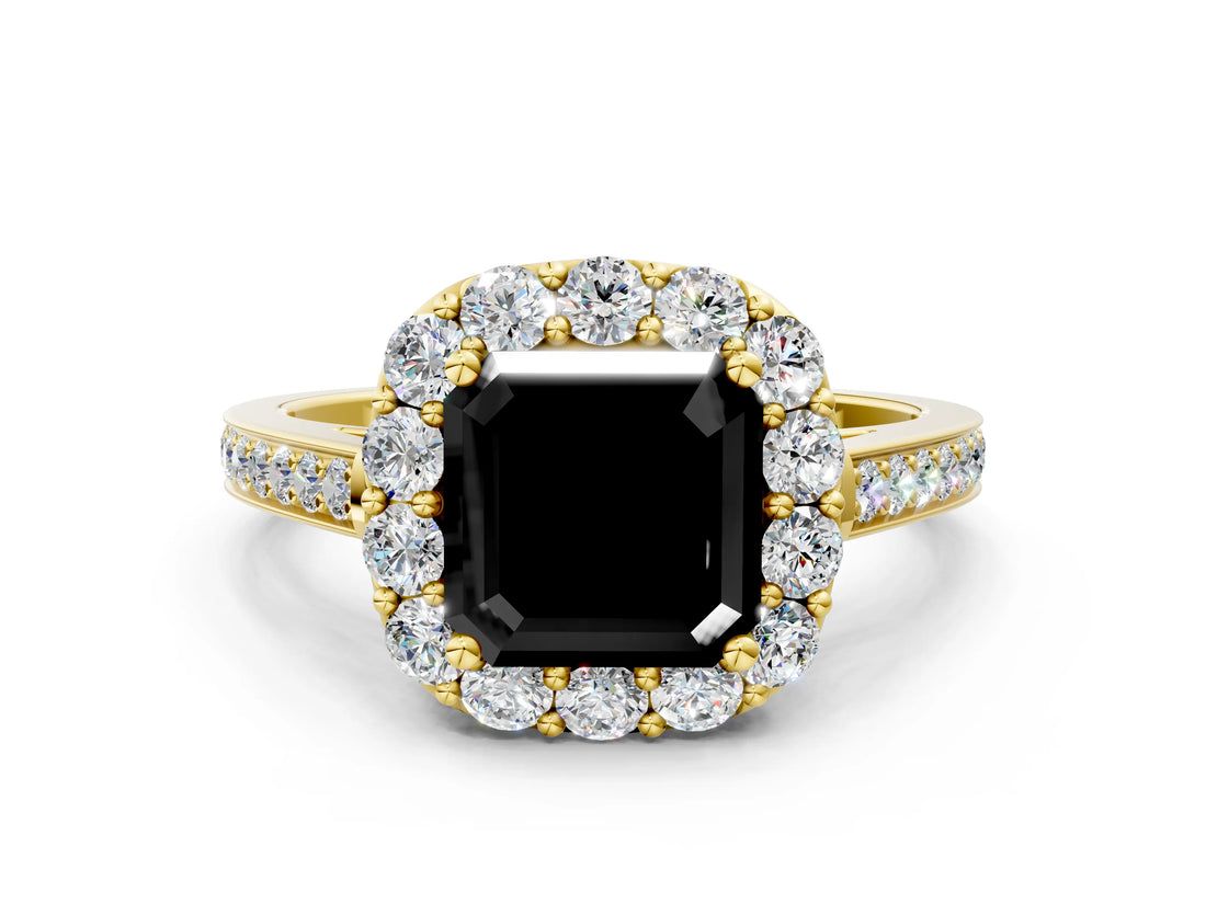 Yellow gold Fancy Black Asscher Cut Diamond Floral Halo Ring with Pavé Band and Prong Setting_3