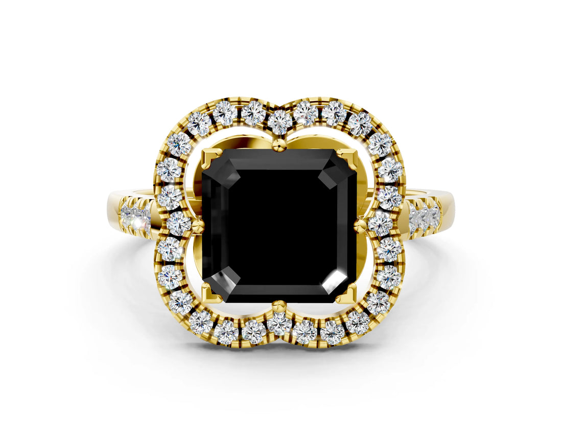 Yellow gold Fancy Black Asscher Cut Diamond Floral Halo Split Shank Prong Setting Ring_12