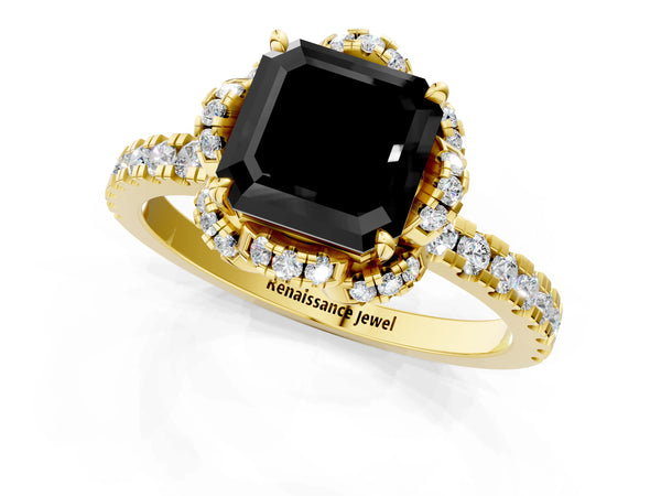 Yellow Gold Asscher Cut Four Petal Floral Halo Engagement Ring Setting for Black Center