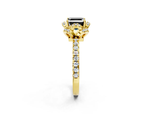 Yellow Gold Asscher Cut Four Petal Floral Halo Engagement Ring Setting for Black Center