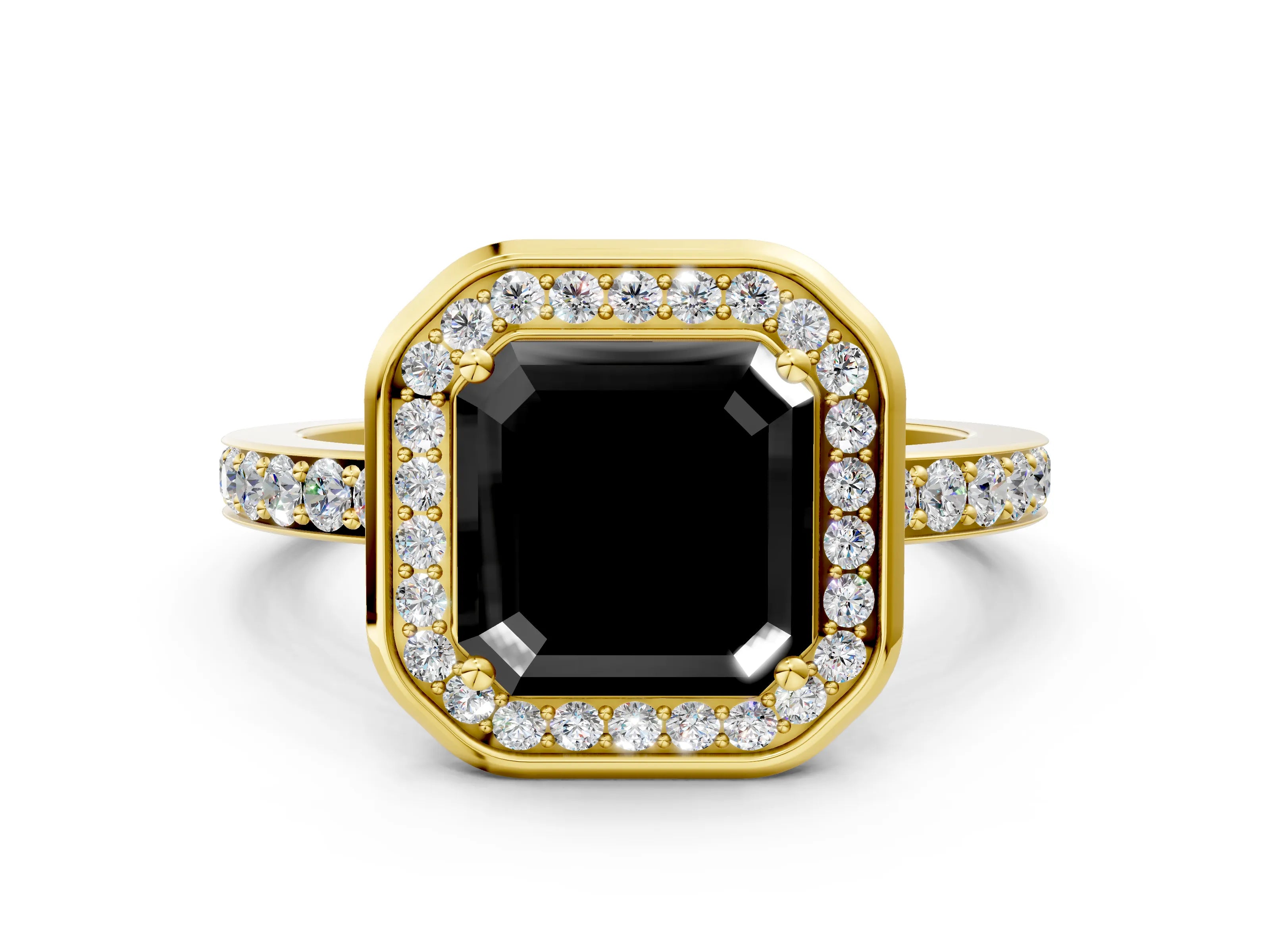 Yellow gold Fancy Black Asscher Cut Diamond Halo Ring with Bezel Frame and Pavé Band