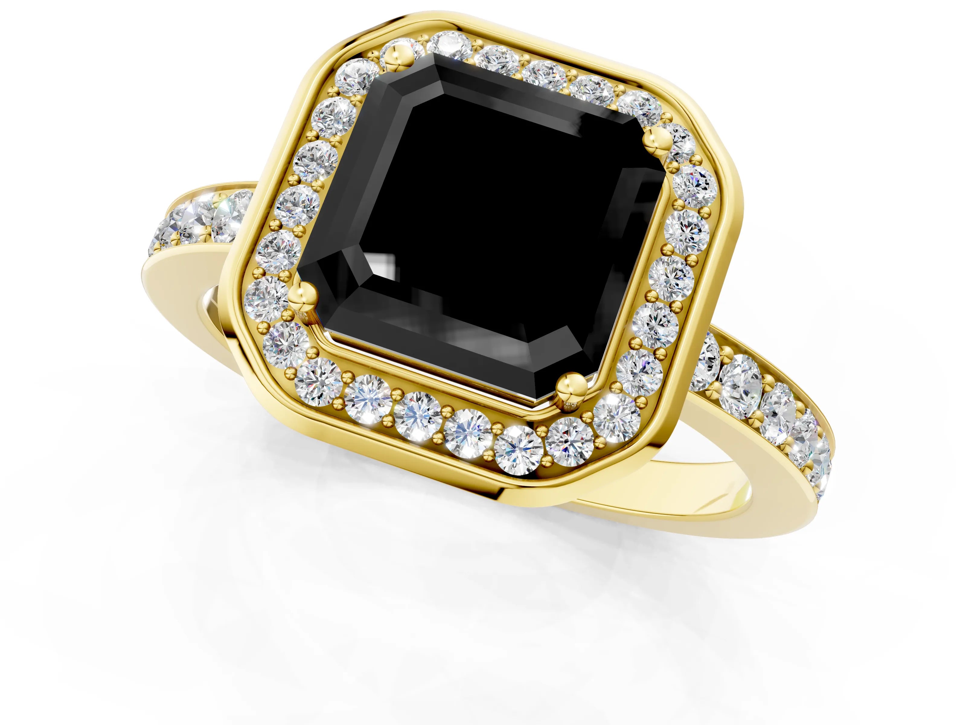 Yellow gold Fancy Black Asscher Cut Diamond Halo Ring with Bezel Frame and Pavé Band_1
