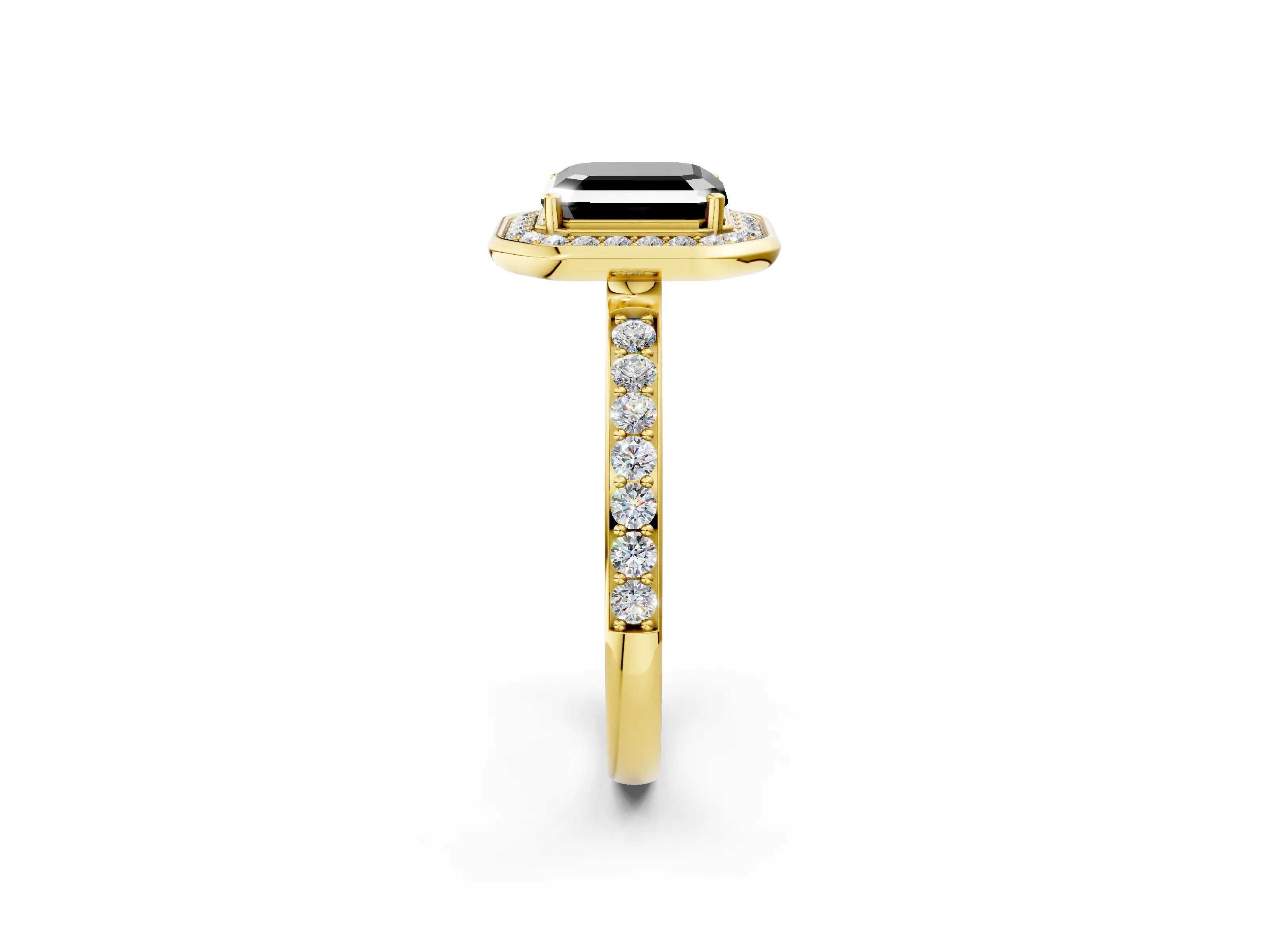 Yellow gold Fancy Black Asscher Cut Diamond Halo Ring with Bezel Frame and Pavé Band_2