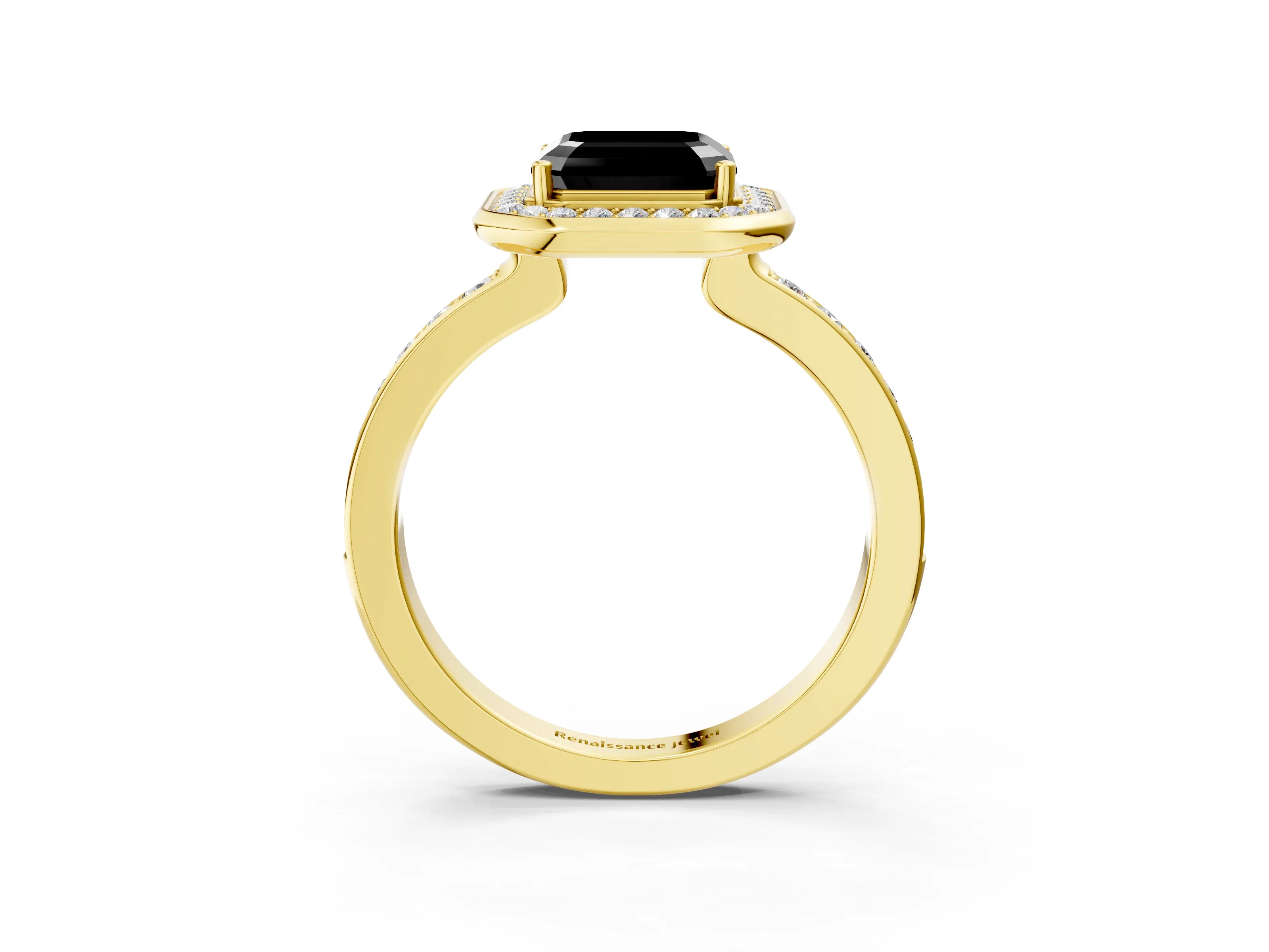 Yellow gold Fancy Black Asscher Cut Diamond Halo Ring with Bezel Frame and Pavé Band_3