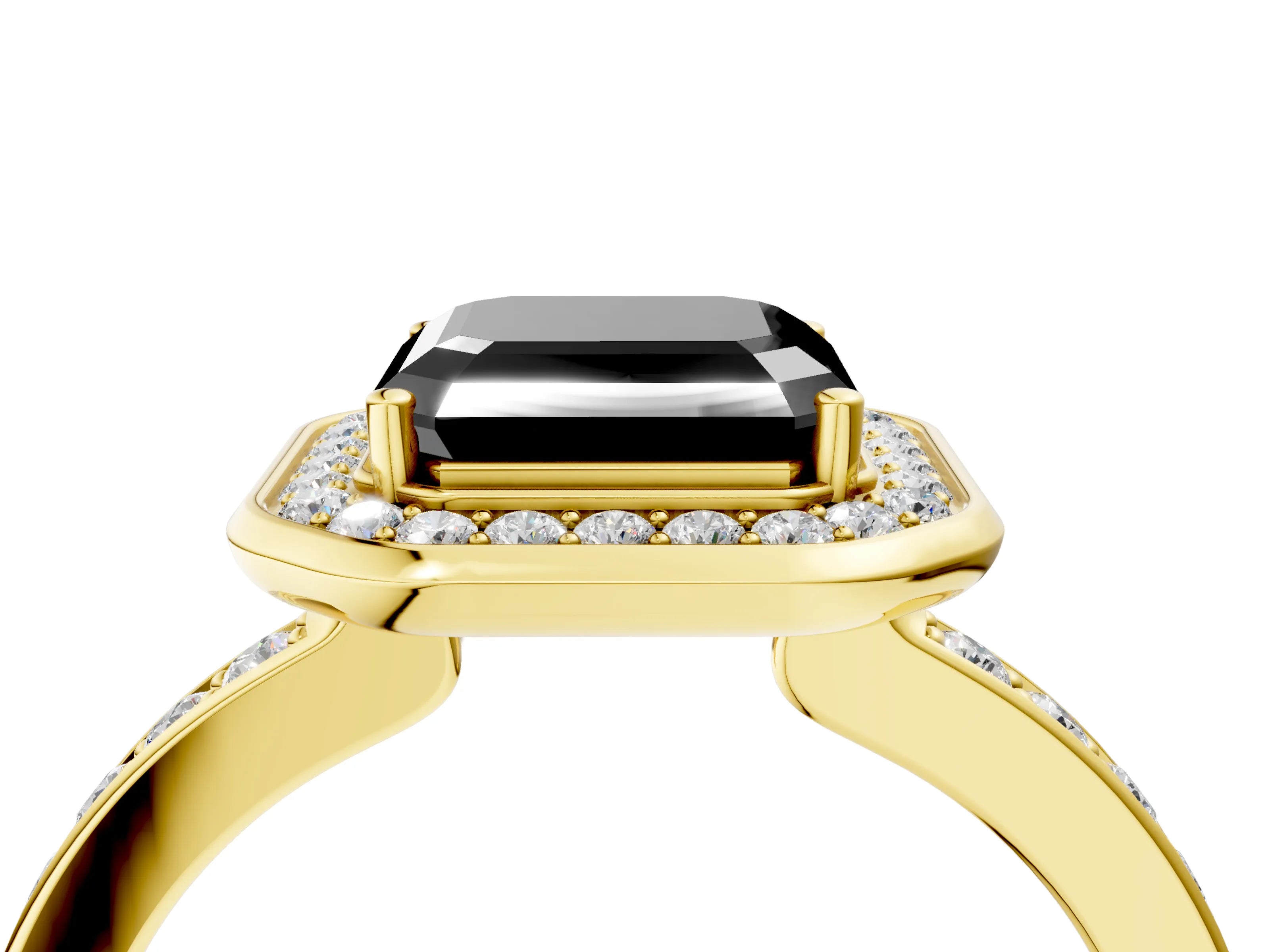 Yellow gold Fancy Black Asscher Cut Diamond Halo Ring with Bezel Frame and Pavé Band_4