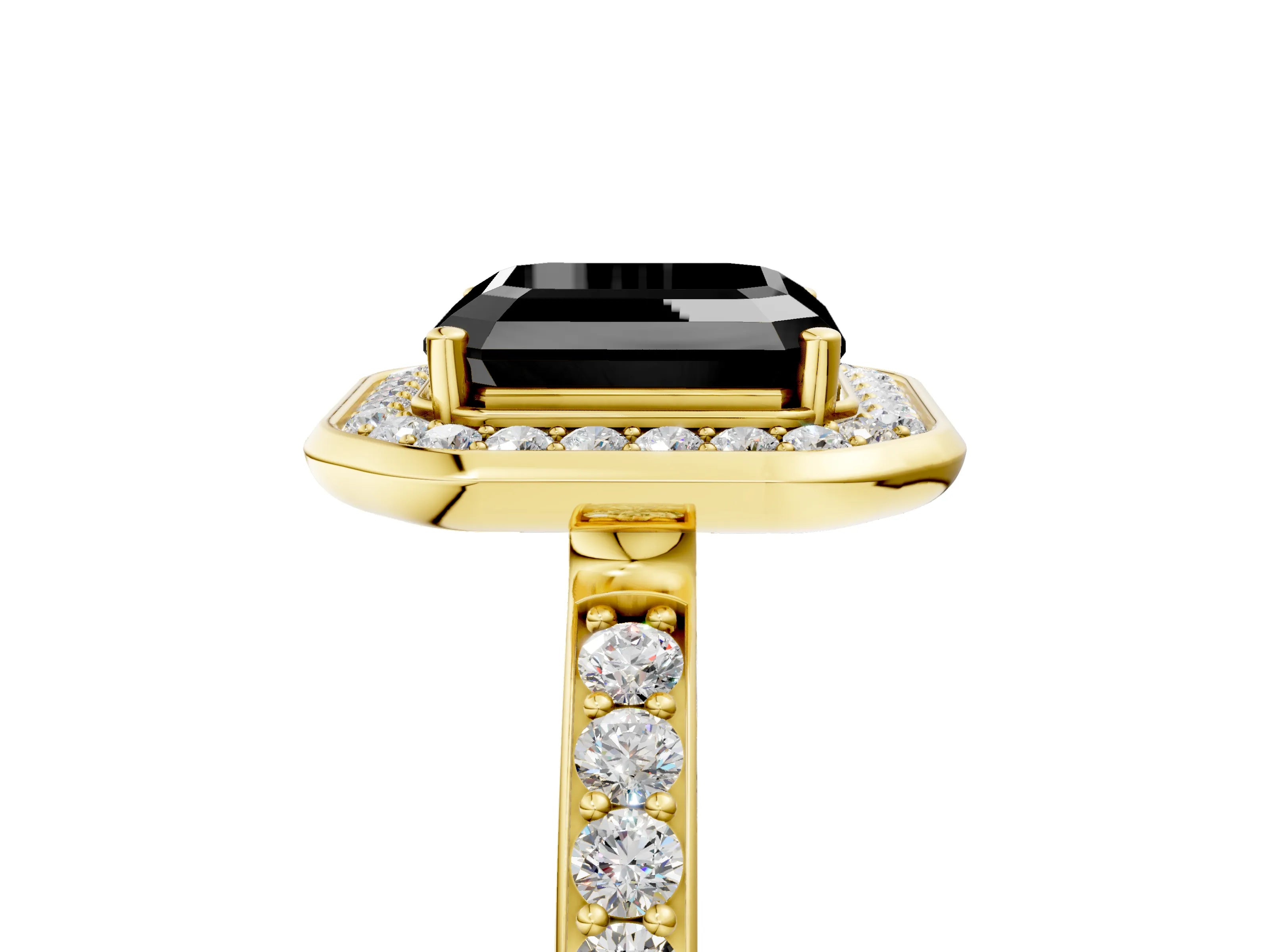 Yellow gold Fancy Black Asscher Cut Diamond Halo Ring with Bezel Frame and Pavé Band_5