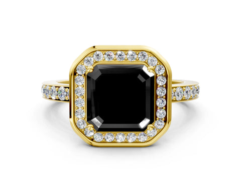 Yellow gold Fancy Black Asscher Cut Diamond Halo Ring with Bezel Frame and Pavé Band