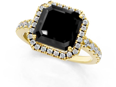 Yellow gold Fancy Black Asscher Cut Diamond Halo Ring with Pavé Band and Four-Prong Setting_1