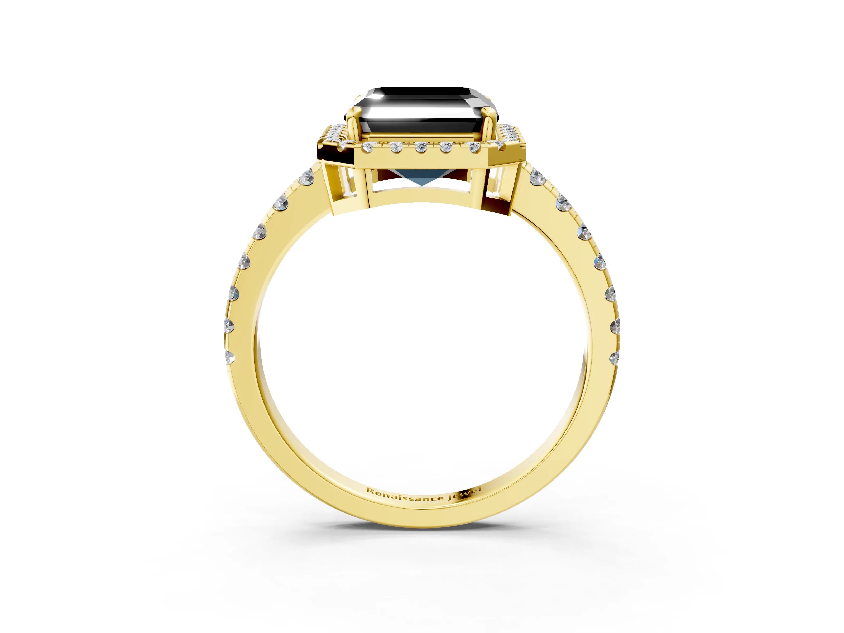 Yellow gold Fancy Black Asscher Cut Diamond Halo Ring with Pavé Band and Four-Prong Setting_3