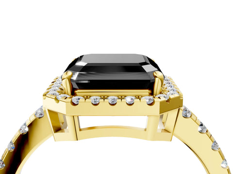 Yellow gold Fancy Black Asscher Cut Diamond Halo Ring with Pavé Band and Four-Prong Setting_4