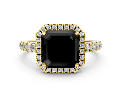Yellow gold Fancy Black Asscher Cut Diamond Halo Ring with Pavé Band and Four-Prong Setting