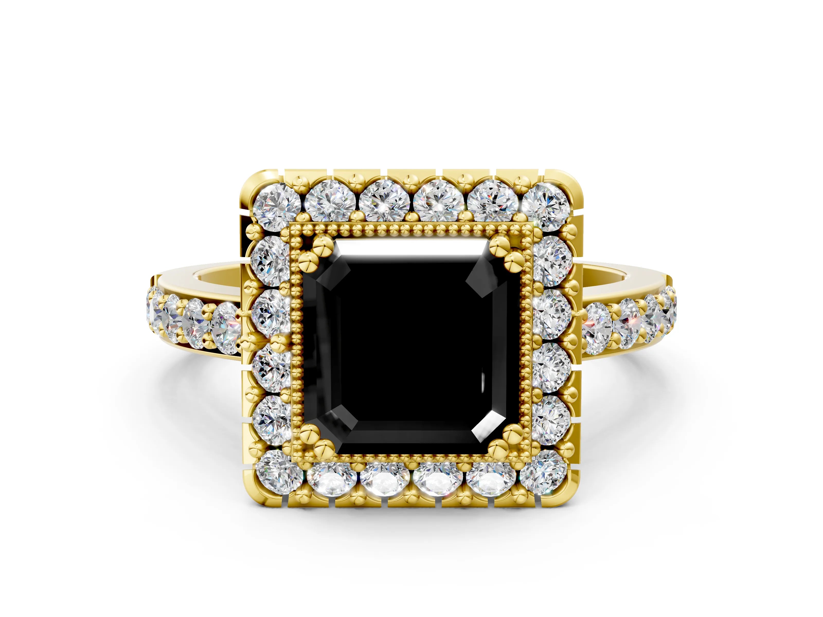 Yellow gold Fancy Black Asscher Cut Diamond Halo Ring with Pavé Band and Prong Setting