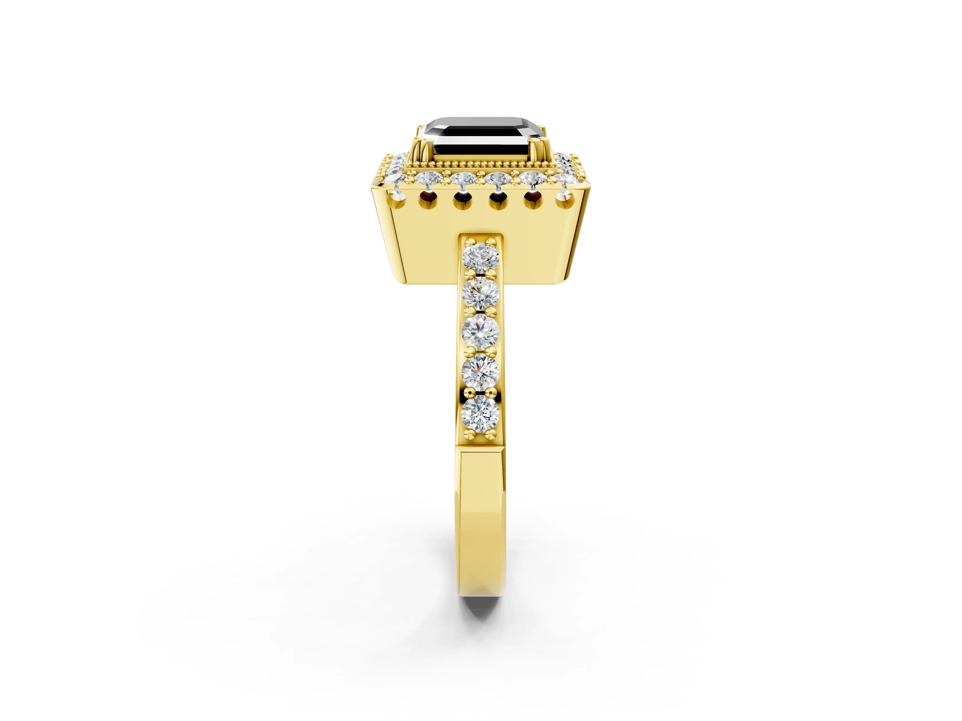 Yellow gold Fancy Black Asscher Cut Diamond Halo Ring with Pavé Band and Prong Setting_2