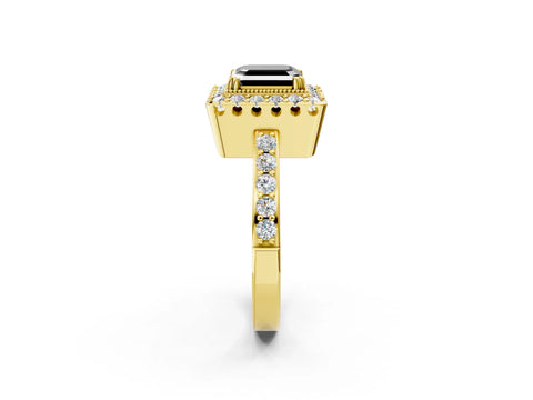 Yellow gold Fancy Black Asscher Cut Diamond Halo Ring with Pavé Band and Prong Setting_2