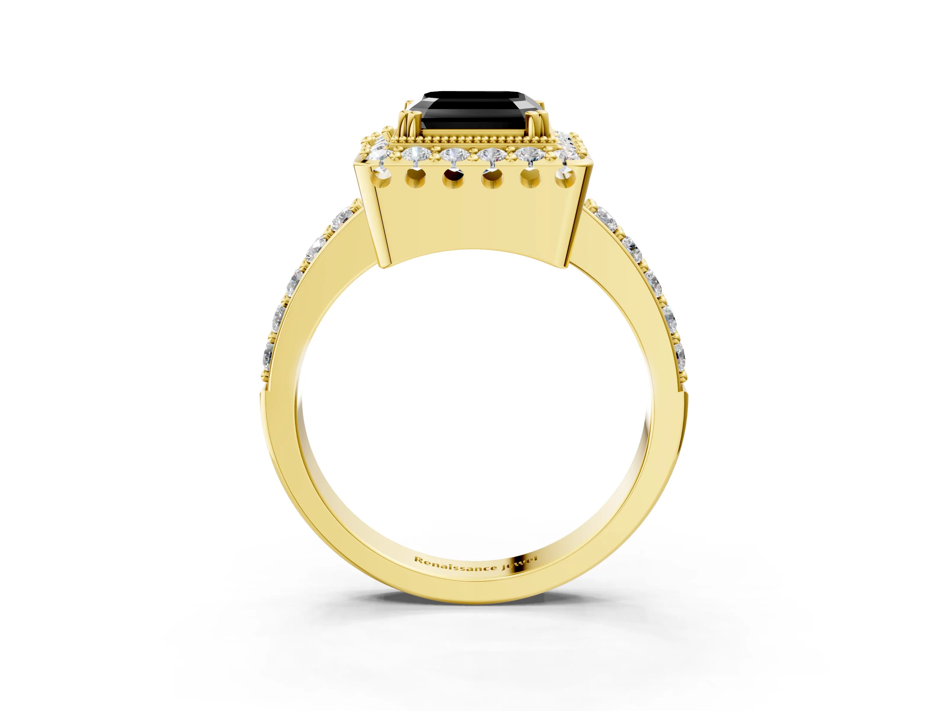 Yellow gold Fancy Black Asscher Cut Diamond Halo Ring with Pavé Band and Prong Setting_3