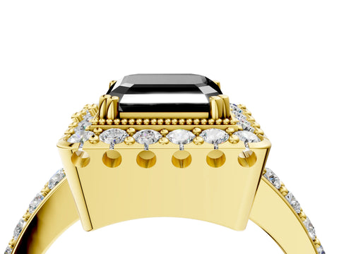 Yellow gold Fancy Black Asscher Cut Diamond Halo Ring with Pavé Band and Prong Setting_4
