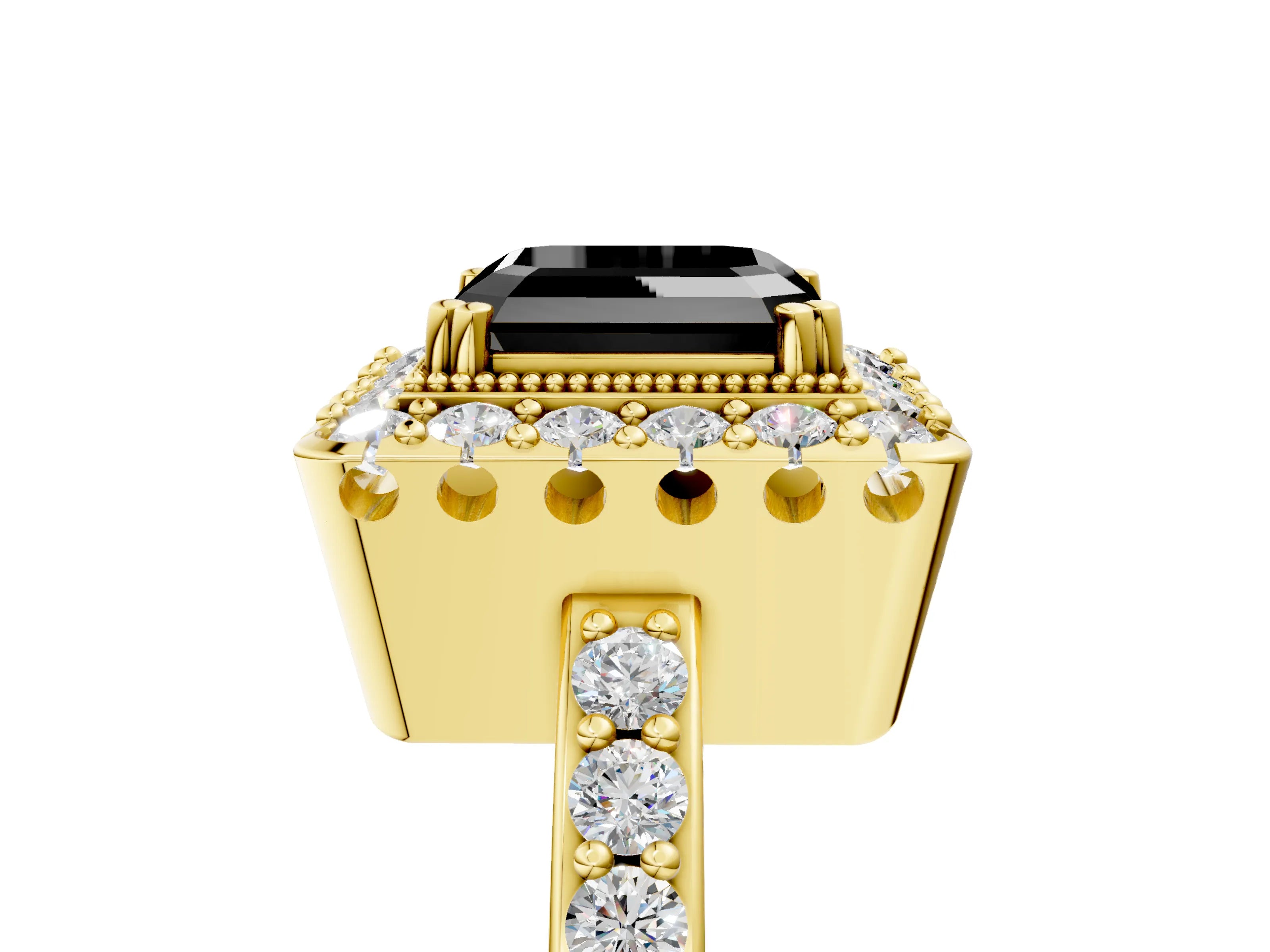 Yellow gold Fancy Black Asscher Cut Diamond Halo Ring with Pavé Band and Prong Setting_5