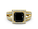 Yellow gold Fancy Black Asscher Cut Diamond Halo Ring with Split Shank Pavé Band and Four-Prong Setting