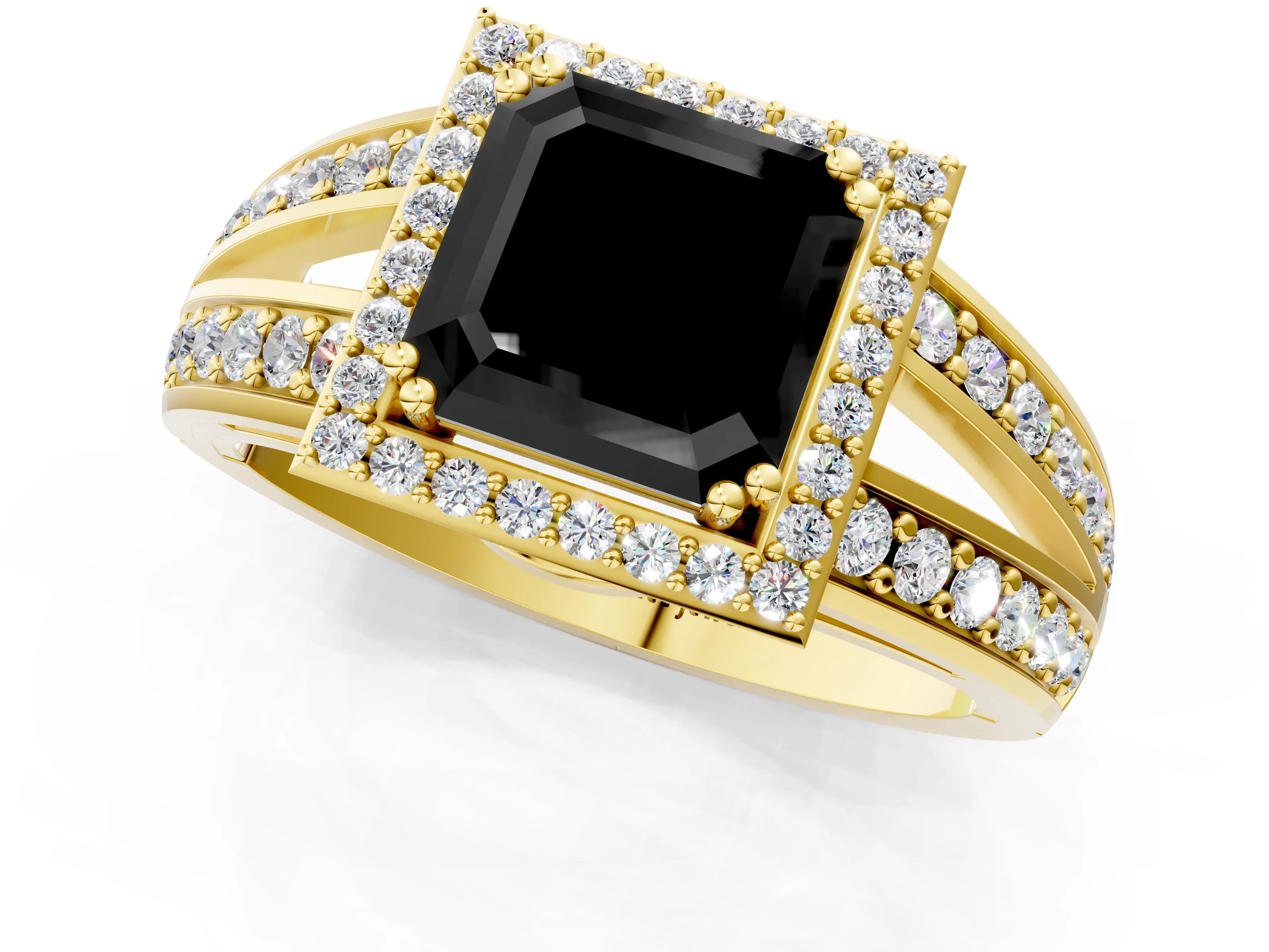 Yellow gold Fancy Black Asscher Cut Diamond Halo Ring with Split Shank Pavé Band and Four-Prong Setting_1