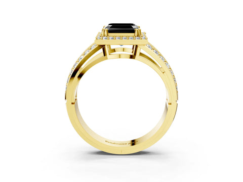 Yellow gold Fancy Black Asscher Cut Diamond Halo Ring with Split Shank Pavé Band and Four-Prong Setting_3