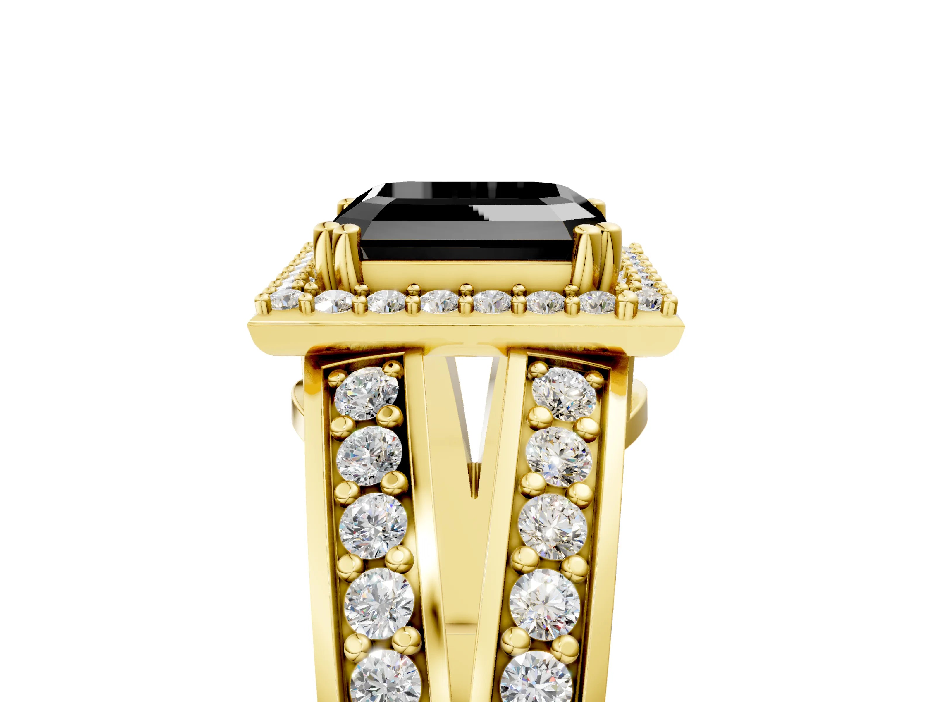 Yellow gold Fancy Black Asscher Cut Diamond Halo Ring with Split Shank Pavé Band and Four-Prong Setting_5