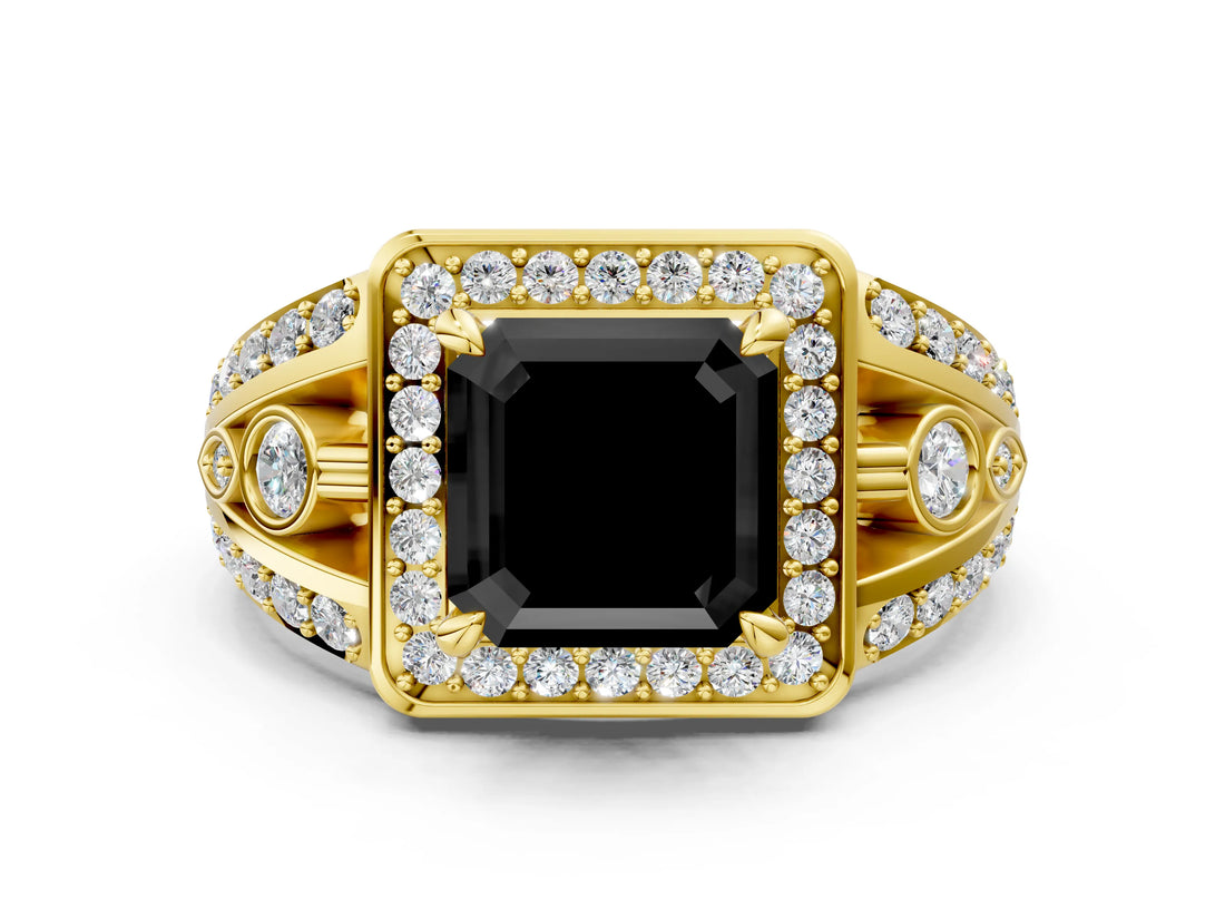 Yellow gold Fancy Black Asscher Cut Diamond Halo Ring with Split Shank and Bezel Accents and Four-Prong Setting