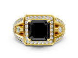 Yellow gold Fancy Black Asscher Cut Diamond Halo Ring with Split Shank and Bezel Accents and Four-Prong Setting