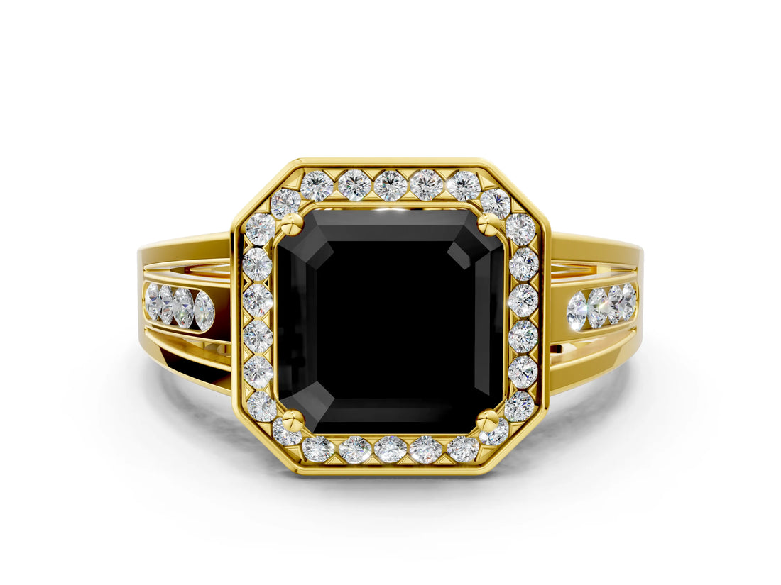 Yellow gold Fancy Black Asscher Cut Diamond Halo Ring with Split Shank and Bezel Accents and Prong Setting