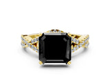 Yellow gold Fancy Black Asscher Cut Diamond Halo Twist Band Solitaire Prong Setting Ring