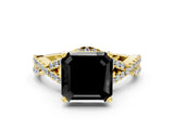 Yellow gold Fancy Black Asscher Cut Diamond  Halo Twist Band Solitaire Prong Setting Ring_24