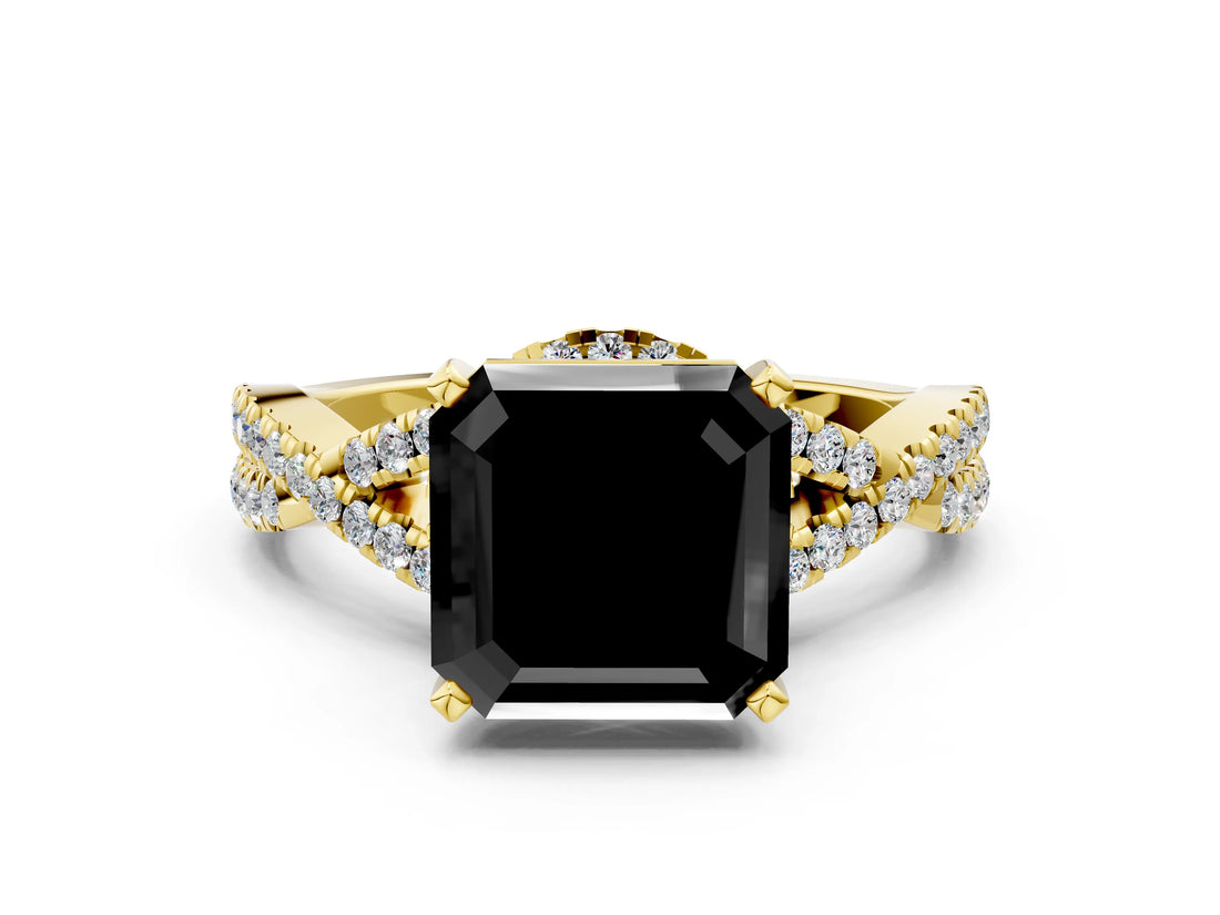 Yellow gold Fancy Black Asscher Cut Diamond  Halo Twist Band Solitaire Prong Setting Ring_42