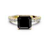 Yellow gold Fancy Black Asscher Cut Diamond Pavé Band Solitaire Ring with Four-Prong Setting