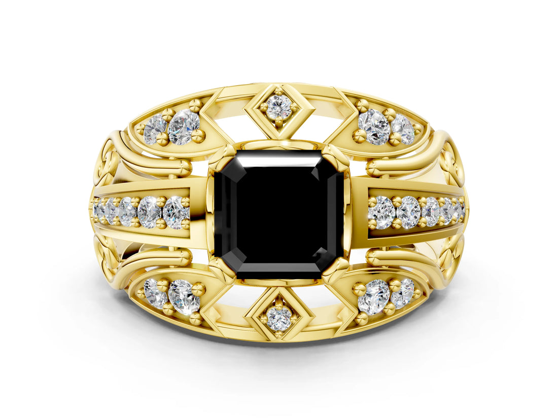 Yellow gold Fancy Black Asscher Cut Diamond Pave Art Deco Split Shank Ring with Four-Prong Setting