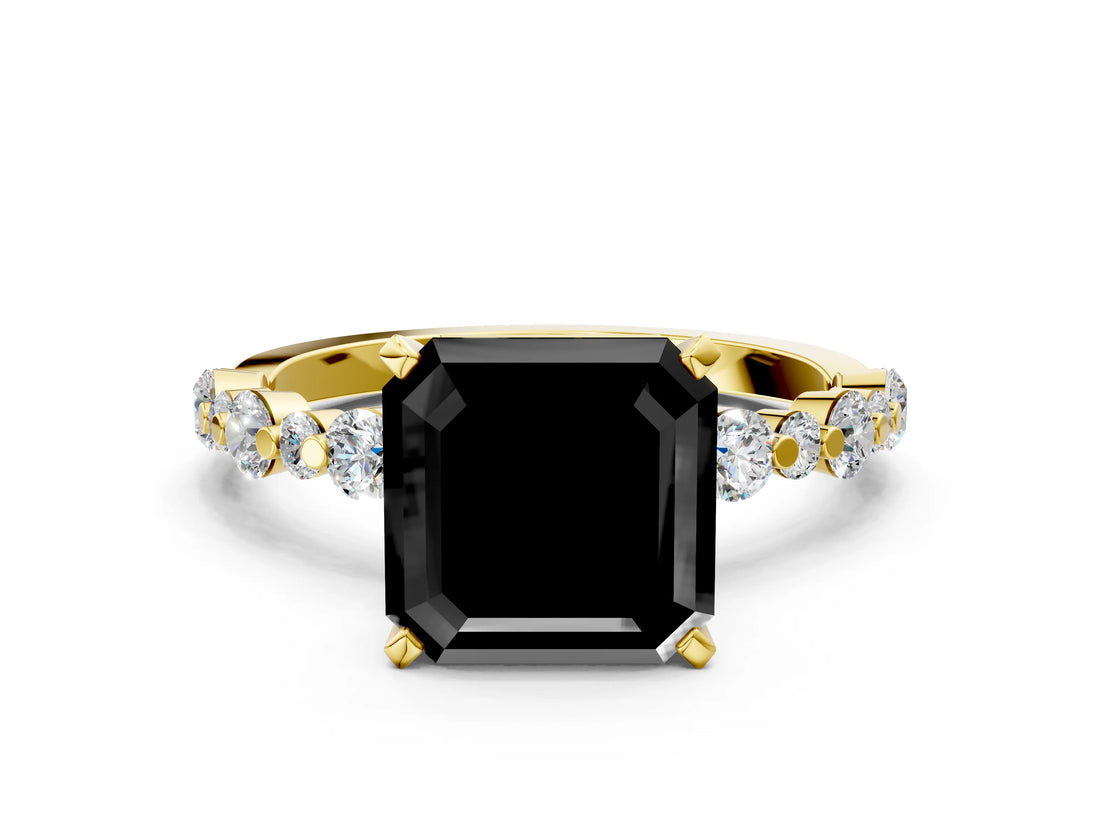 Yellow gold Fancy Black Asscher Cut Diamond Prong Set Engagement Ring with Pave Band