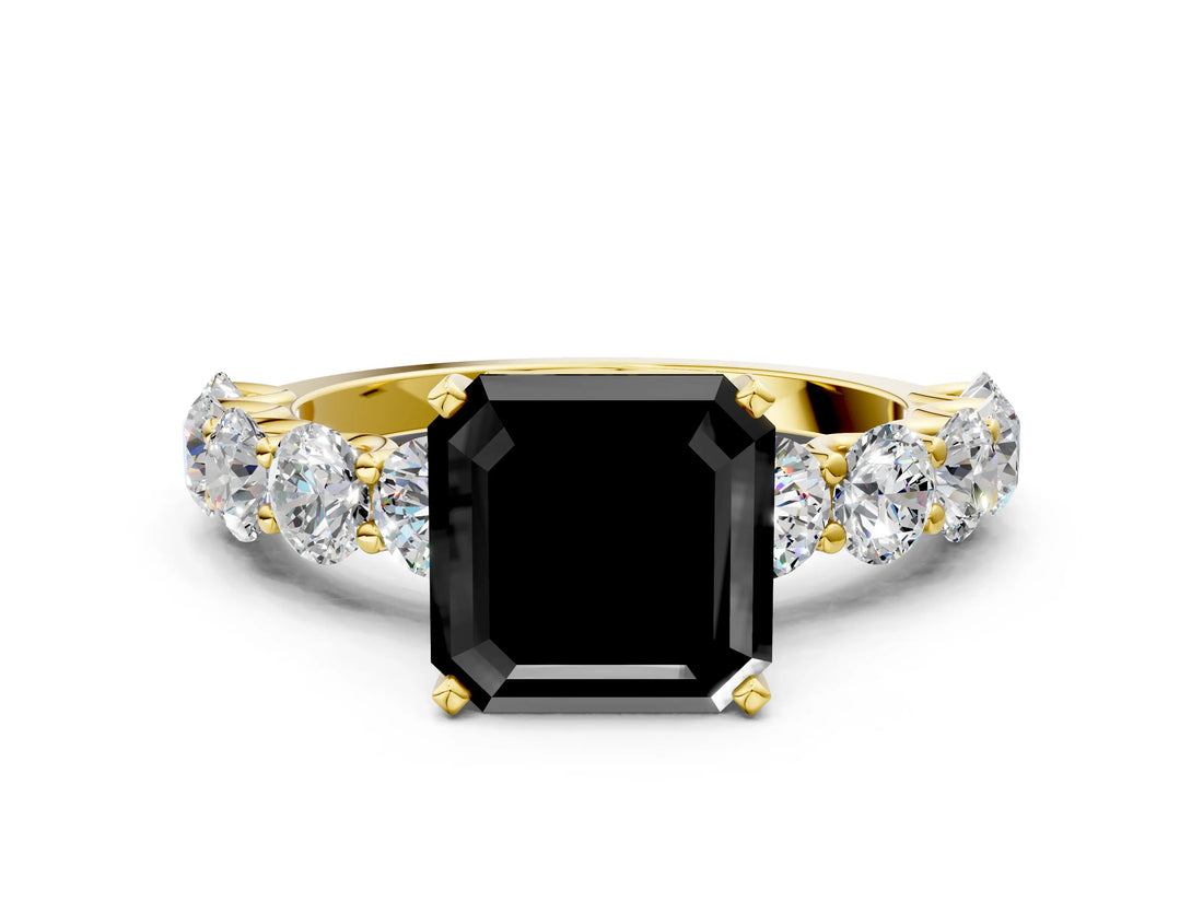 Yellow gold Fancy Black Asscher Cut Diamond Prong Setting with Side Stones on a Pave Band