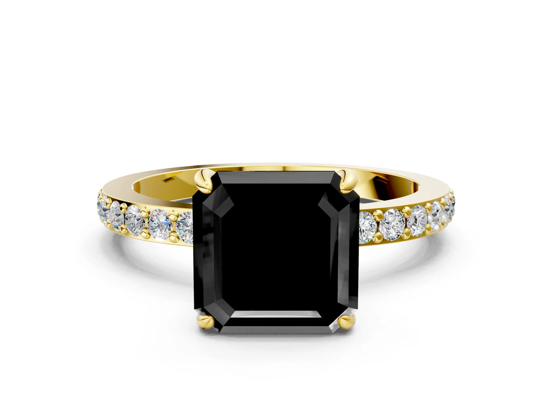 Yellow gold Fancy Black Asscher Cut Diamond Ring with Pavé Band and Four-Prong Setting