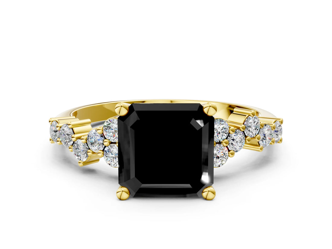 Yellow gold Fancy Black Asscher Cut Diamond Scattered Round Accent Ring with Prong Setting_12