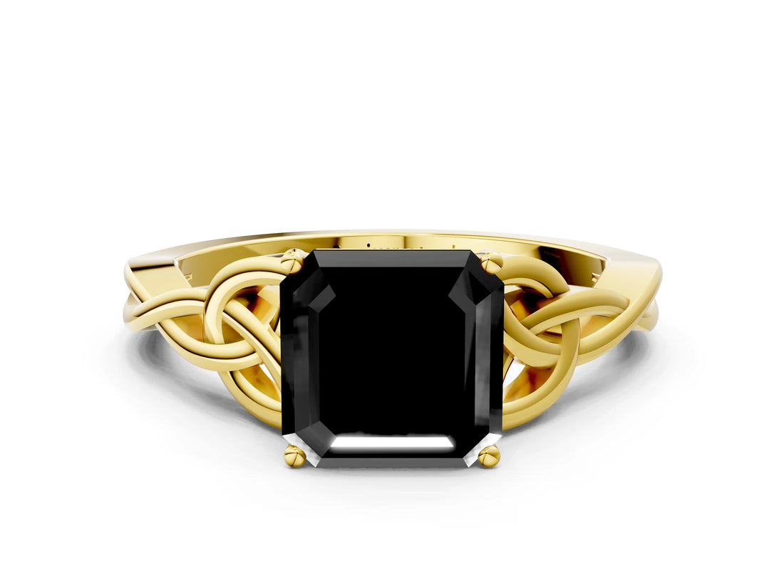 Yellow gold Fancy Black Asscher Cut Diamond Solitaire Engagement Ring with Celtic Knot Band and Four-Prong Setting