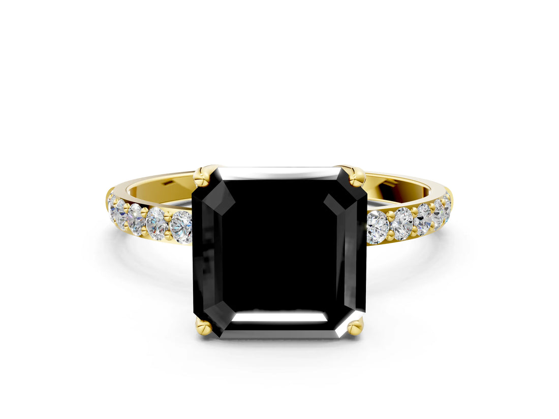 Yellow gold Fancy Black Asscher Cut Diamond Solitaire Engagement Ring with Pavé Band and Prong Setting