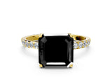 Yellow gold Fancy Black Asscher Cut Diamond Solitaire Engagement Ring with Pavé Band and Prong Setting