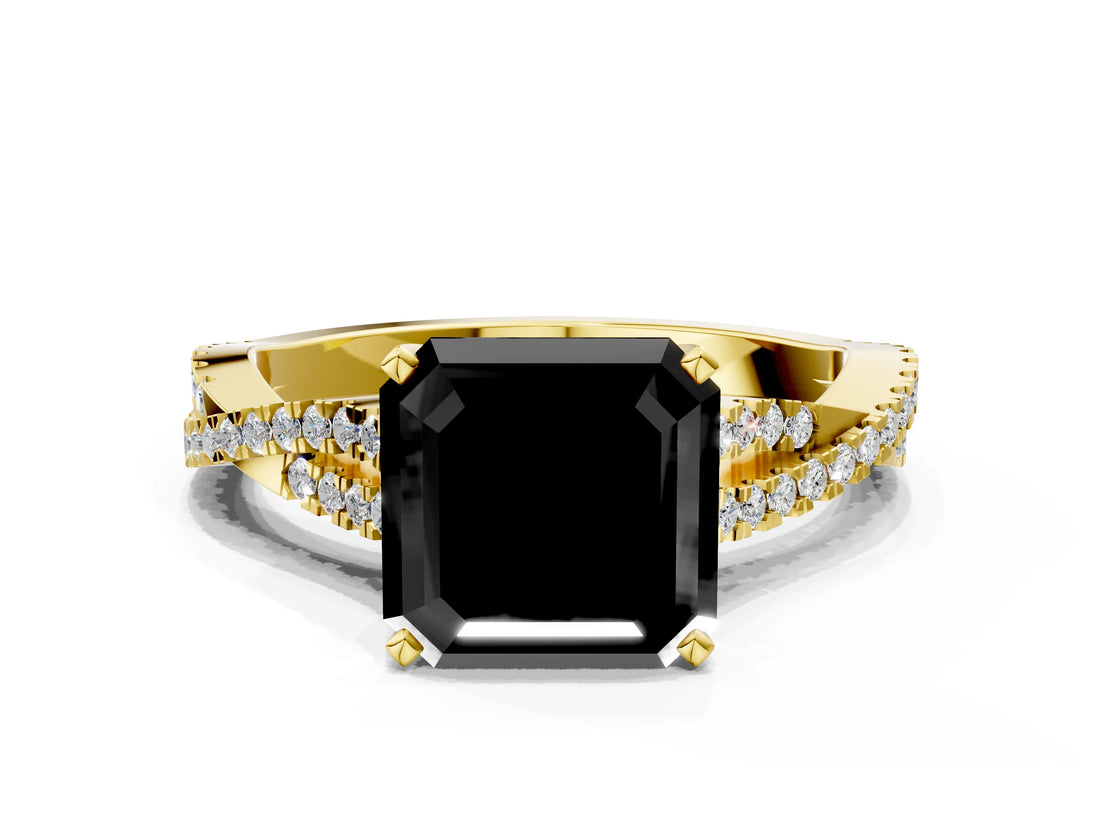 Yellow gold Fancy Black Asscher Cut Diamond Solitaire Engagement Ring with Twisted Pavé Band and Four-Prong Setting_24