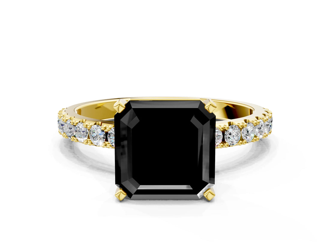 Yellow gold Fancy Black Asscher Cut Diamond Solitaire Pavé Band with Four-Prong Setting