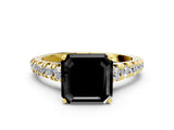 Yellow gold Fancy Black Asscher Cut Diamond Solitaire Ring with Cathedral Setting and Pavé Band