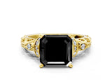 Yellow gold Fancy Black Asscher Cut Diamond Solitaire Ring with Filigree Band and Four-Prong Setting